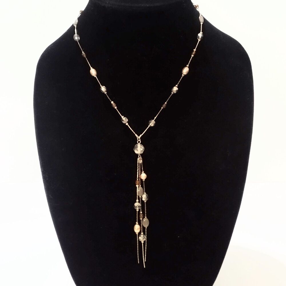 Gold Tone Earth Tone Bead Y Drop Tassel Necklace Faux Pearls - Picture 4 of 8